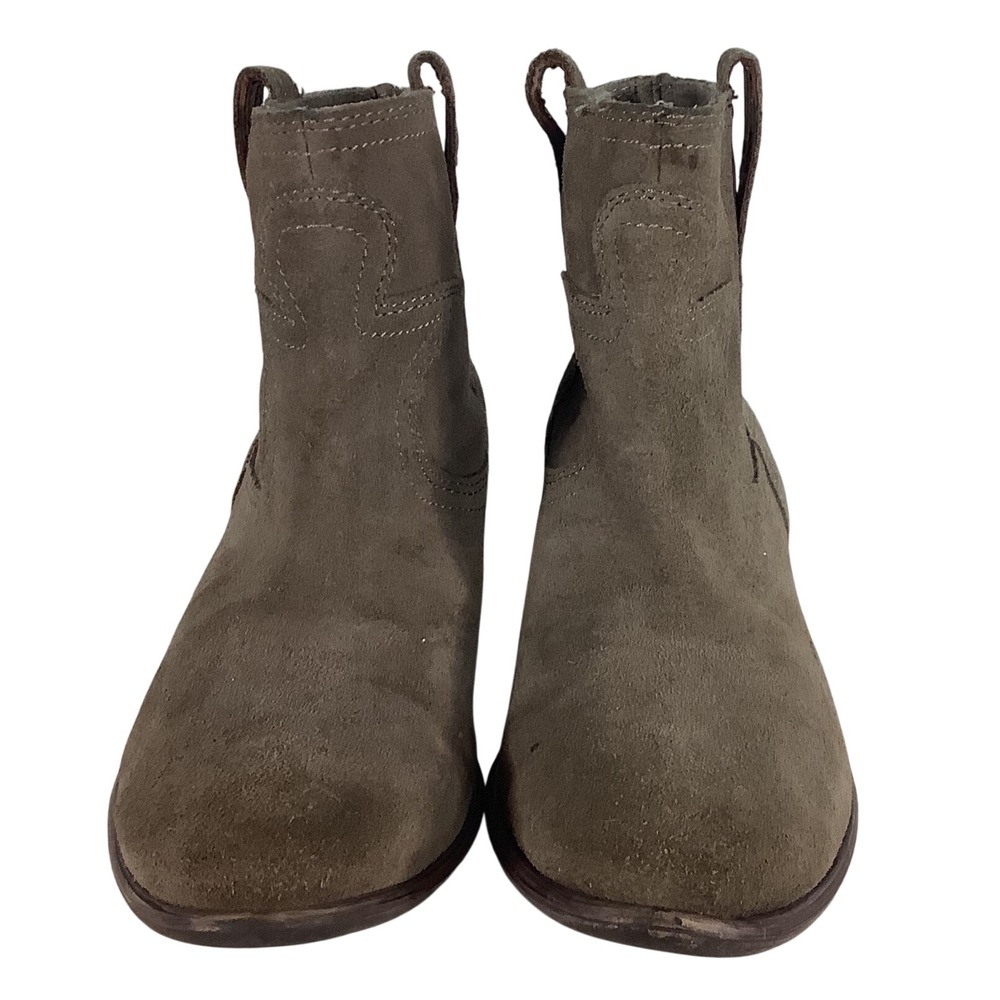 Lucky Brand Suede Western Ankle Boots Taupe Brown Stacked Heel Booties Womens 8
